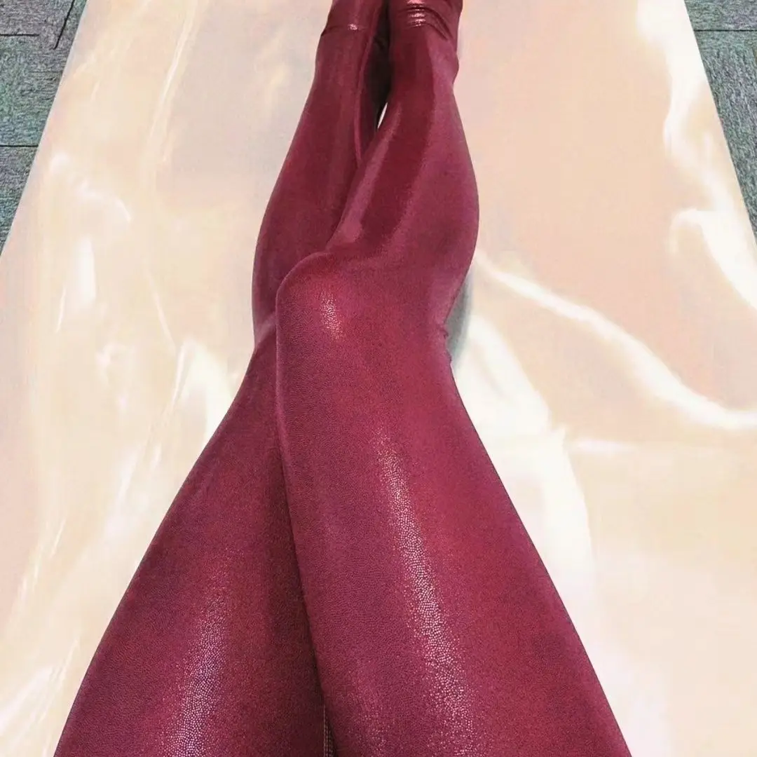 Glossy Shiny Wine Women Yoga Leggings Plus Size High Waist Leggings Workout Pants for Gym Tight Bottoms