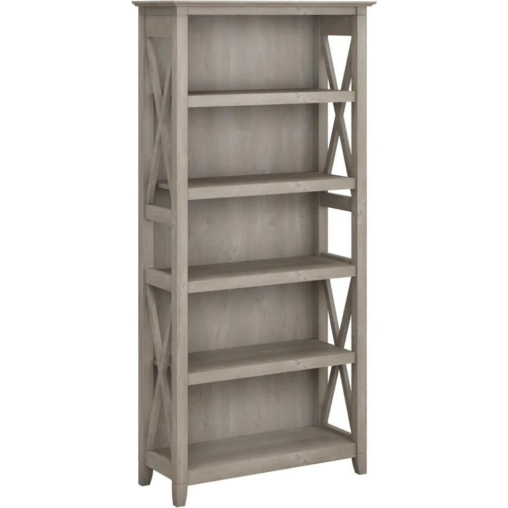 

Modern Farmhouse Style Tall 5 Shelf Bookcase - Large Bookshelf for Living Room & Home Office Washed Gray Key West Collection