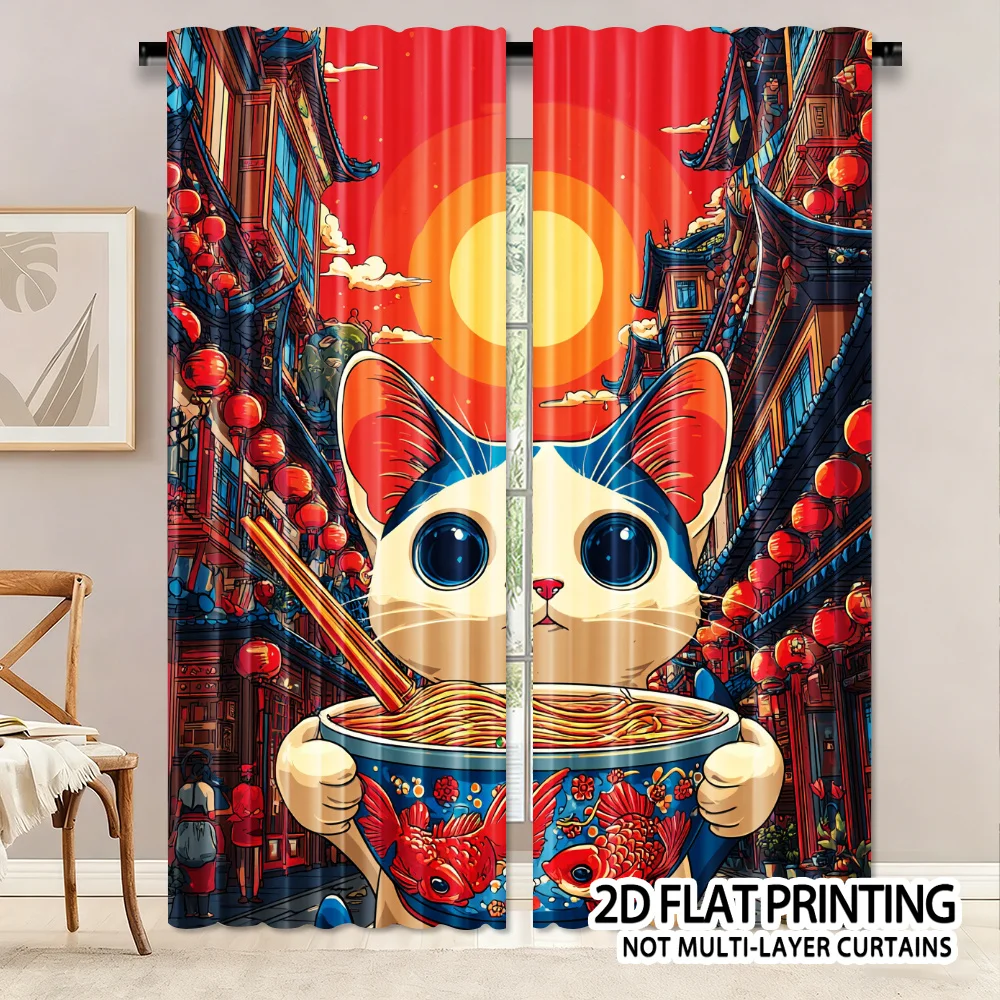 Cat-shaped noodles pattern Print Drapes Room Darkening Window Curtains for Home Decor,Rod Pocket Blackout Curtains Bedroom