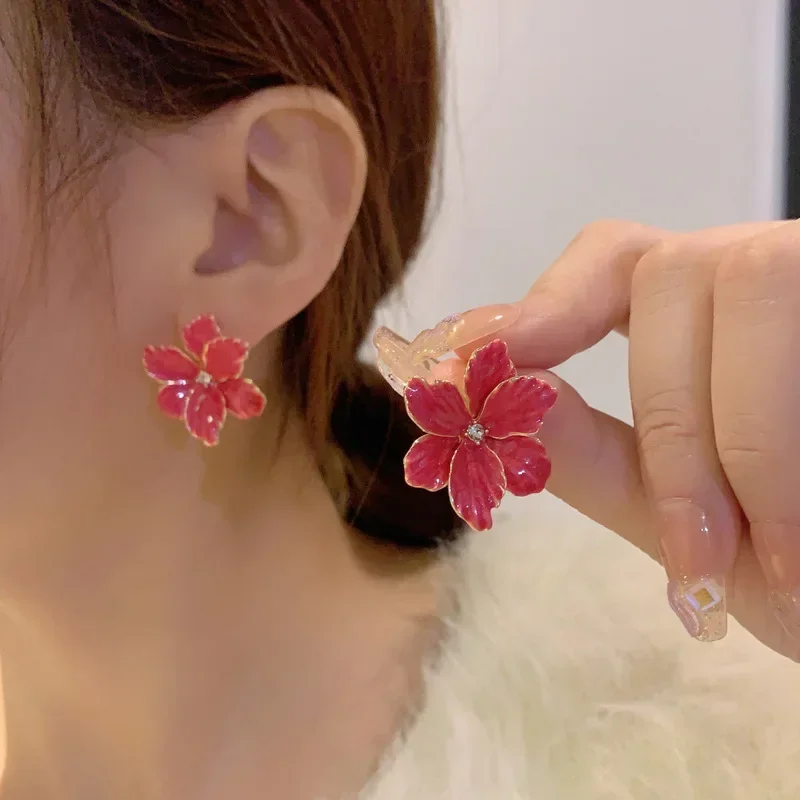 Modern Jewelry 925 Silver Needle Red Flower Earrings Spring Summer Style Popular Design Big Stud Earrings For Women Girl Gift