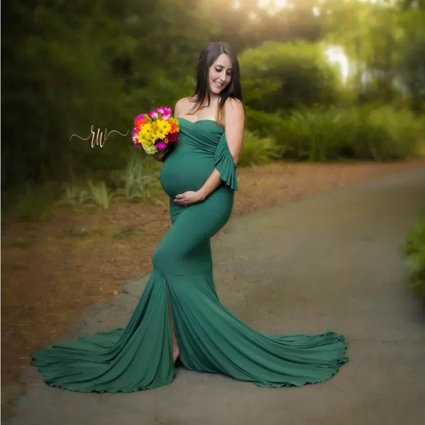 

Maternity Maxi Gown Ruffle Cotton Dresses For Pregnant Women Sexy V Neck Short Sleeve Long Pregnancy Dress Photography Props