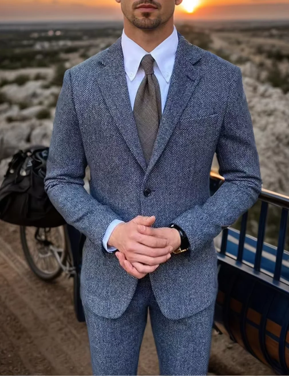 Retro British Men Suit 2 pieces (Blazer+ Vest + Pants)Single Breasted Suit Jacket Formal Fashion Herringbone Wedding Business