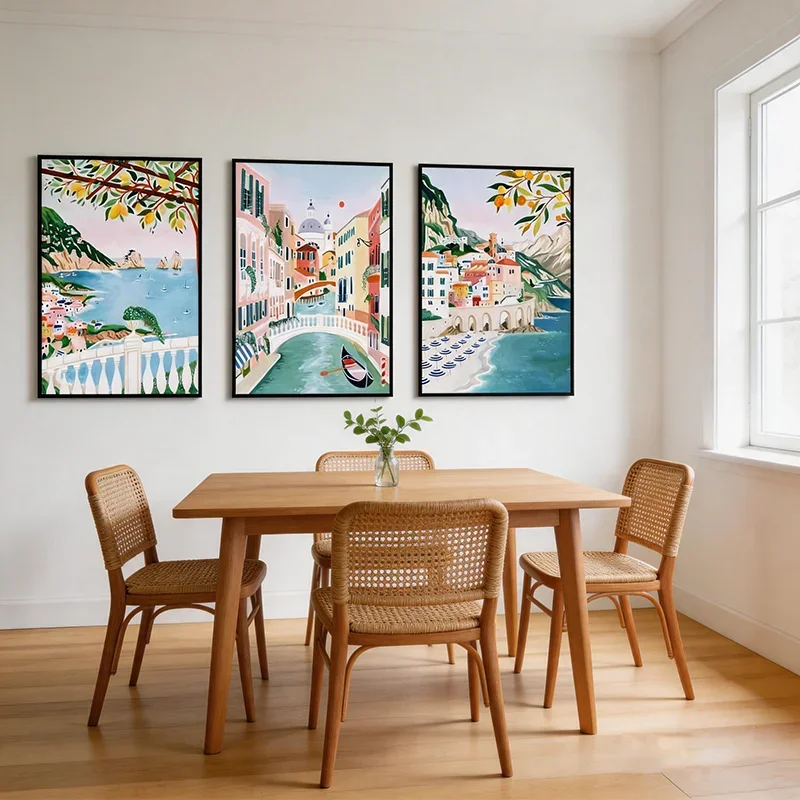Large-sized frameless 3pcs  3 Panels Mediterranean Italian Coastal Cityscape Wall Art - Boho Watercolor Canvas Prints Home De
