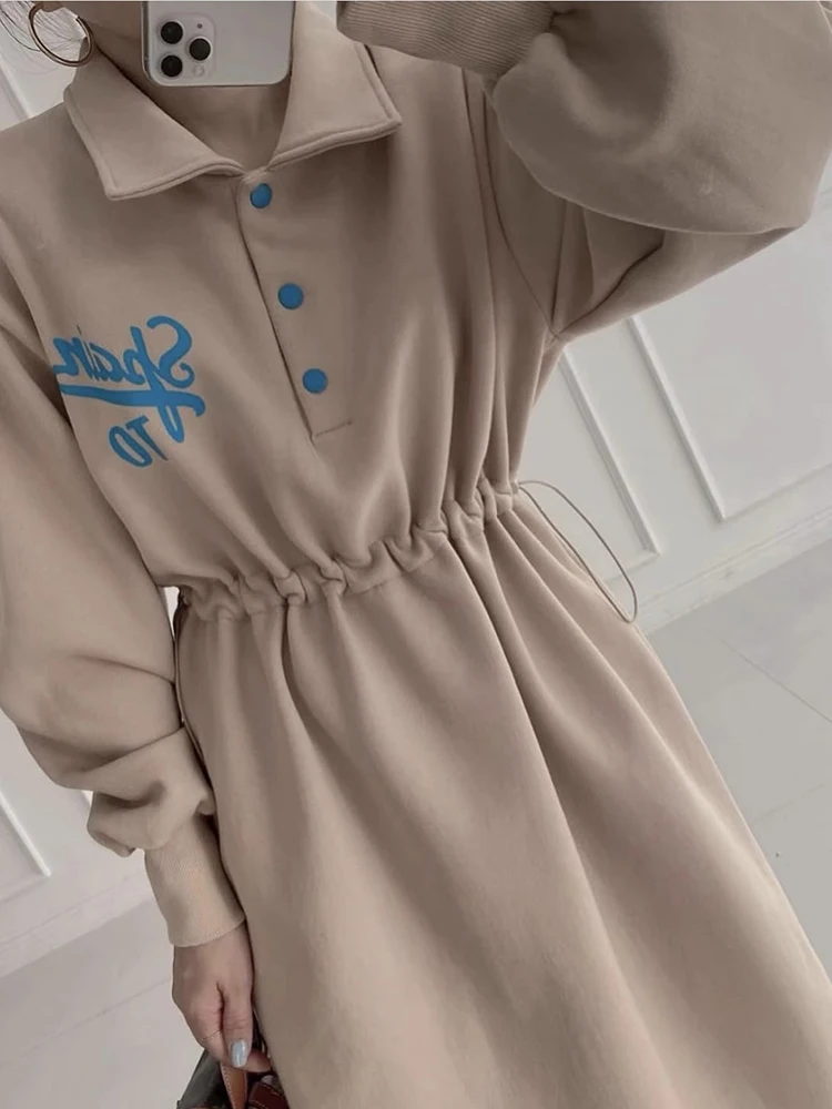 Slimming Effect Polo Neck Letter Print Drawstring Waist Hoodie Dress Women Elegant Retro Sle Long Sleeve High Waist Autumn ...