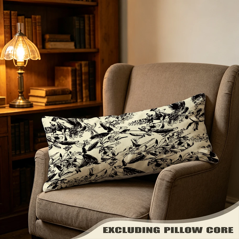 Black White Sumi-e Print Long Pillow Cover, Ink Wash Style, Conservatory Decorative, Polyester, Bench Cushion, Breathable