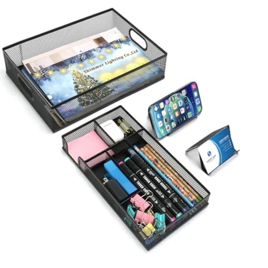 Black Metal Mesh Desk Drawer Organizers, A4 Large Desk Organizer Tray, 2 Desktop Organizers with 2 Pcs Phone Brand Card Holders
