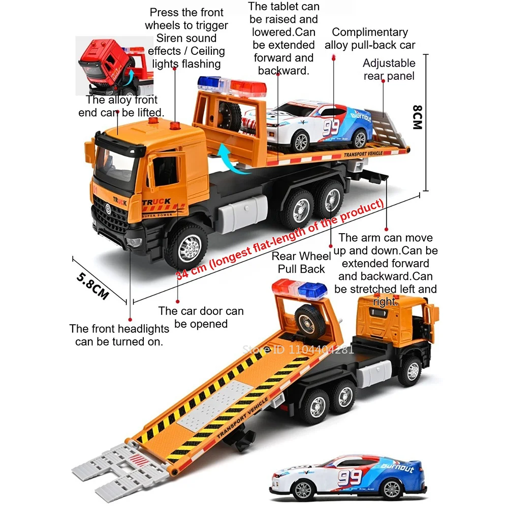 1:35 Rescue Trailer Model Toys Alloy Diecast Car Doors Can Opened with Sound Light Pull Back Miniature Vehices Collect Ornaments