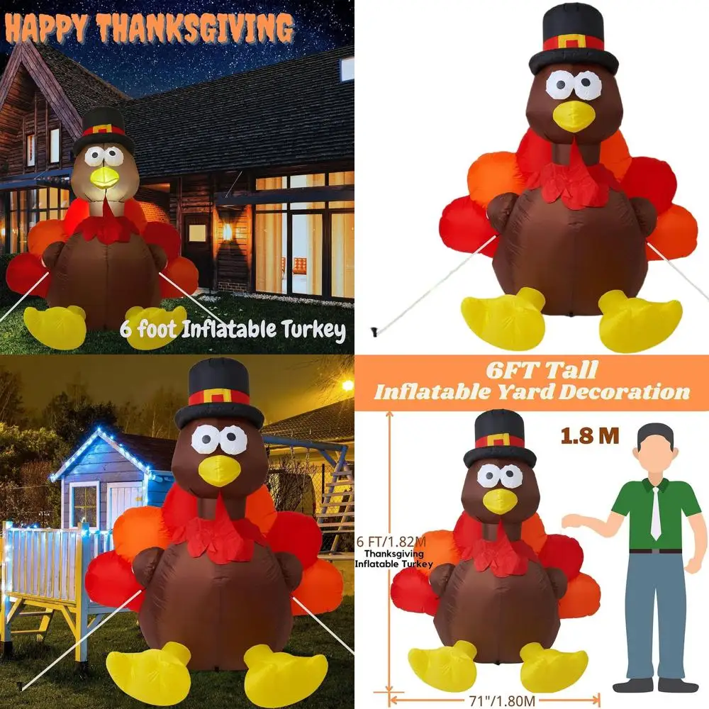 

Светящийся надувной индейка высотой 1,8 м в шляпе паломника для декора газона и вечеринок на День Благодарения