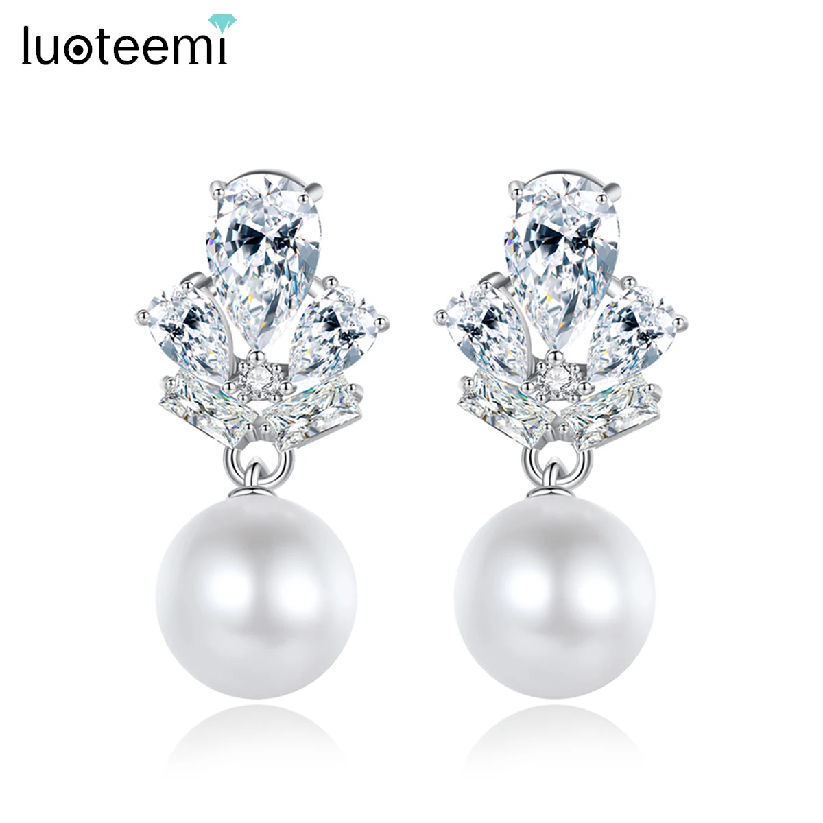 LUOTEEMI-Brincos Imitações de Pérolas com Zircônia Cúbica para Mulheres, Brincos de Luxo, Brincos De Casamento Elegantes, Charme Nupcial, Acessórios de Ouvido Menina