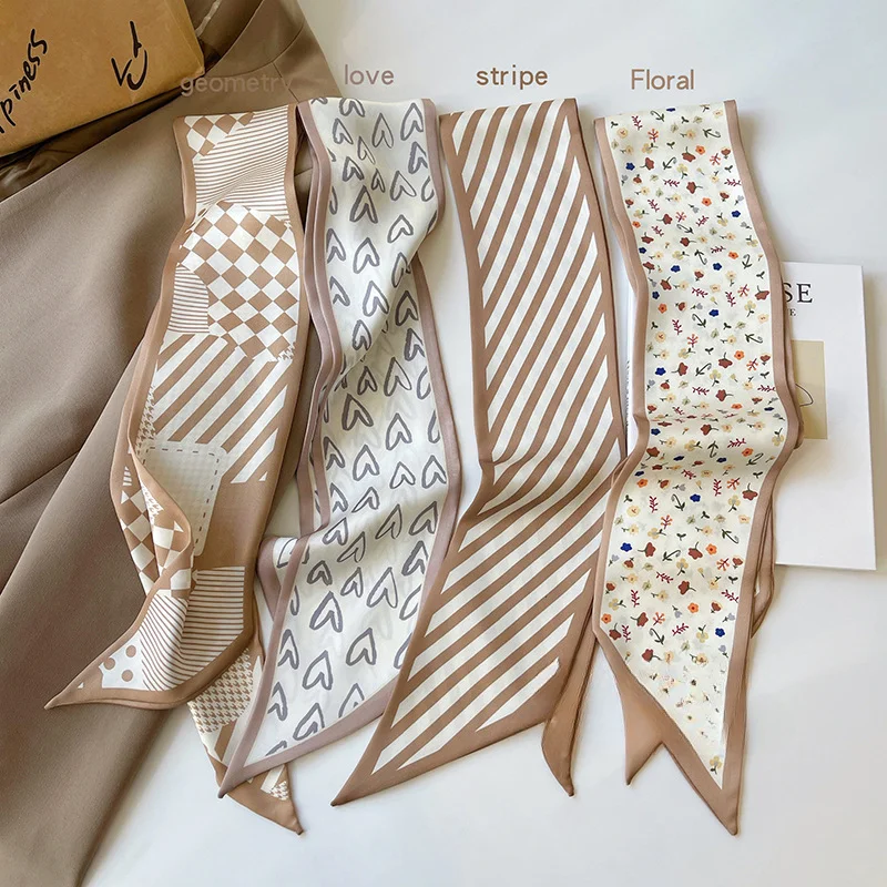 Simple temperament khaki color scarf female INS double -sided narrow ribbon spring and summer decorative scarf