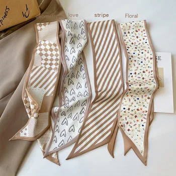 シンプルな気質カーキカラースカーフ女性INS両面細いリボン春と夏の装飾スカーフ