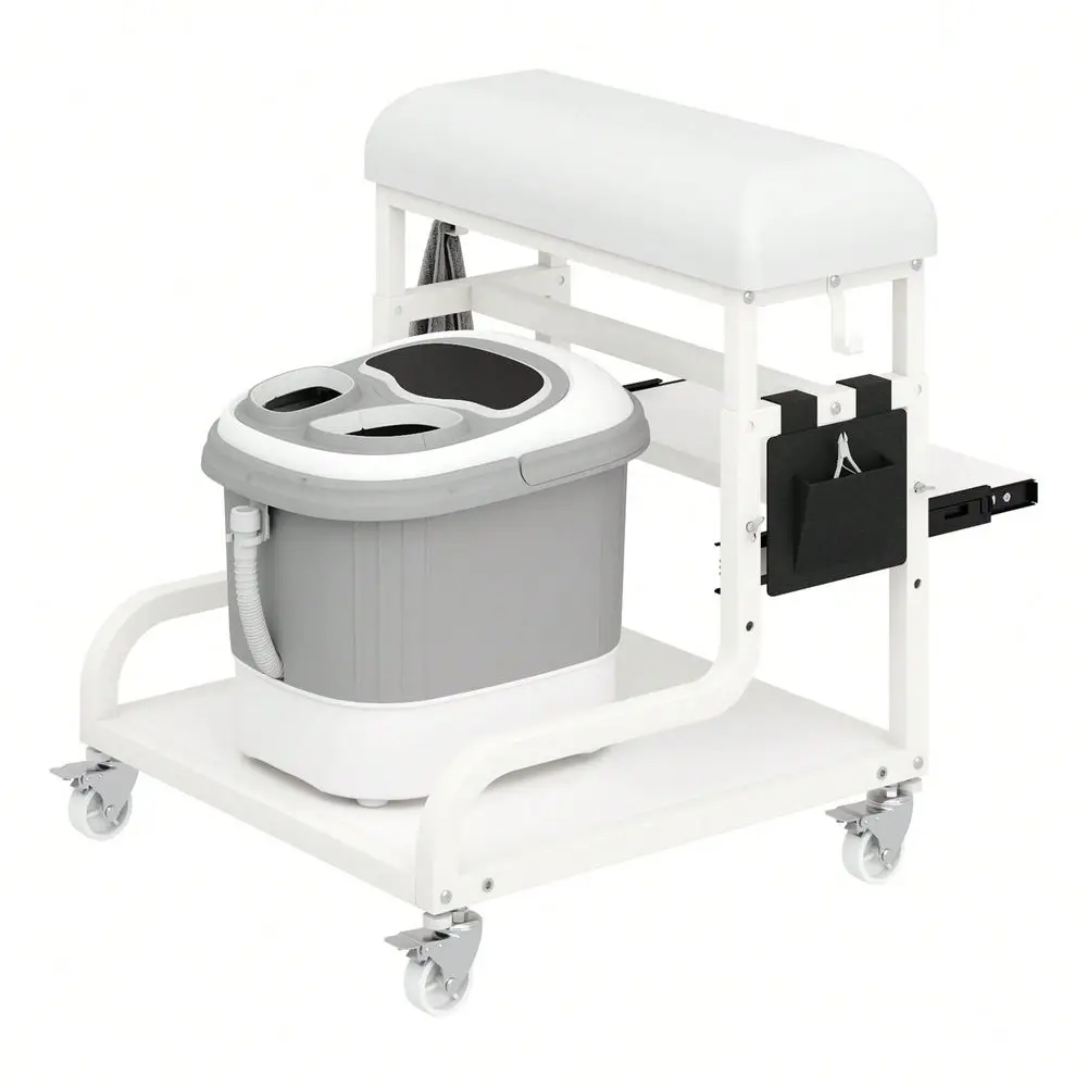

Pedicure Foot Rest Stool With Soft PU Cushion, 3Level Adjustable Height, PullOut Shelf, Storage Bag Hooks, Rolling Spa Foot Car