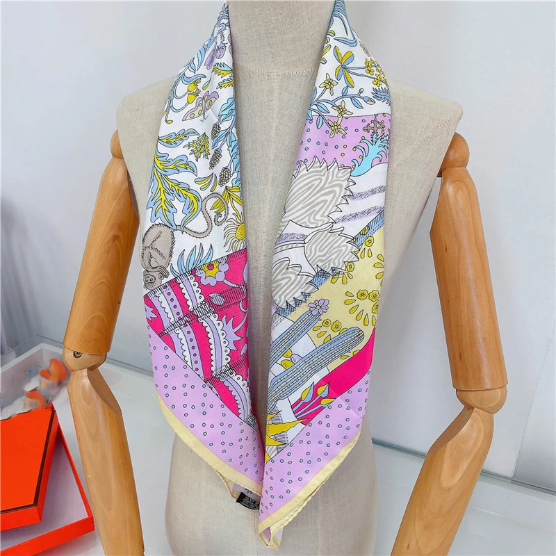 Fashion Hand RolledTwill Silk Scarf Woman Painting Square Scarves Wraps Bandana Small Hijab Foulards Tie Headband Neckerchief