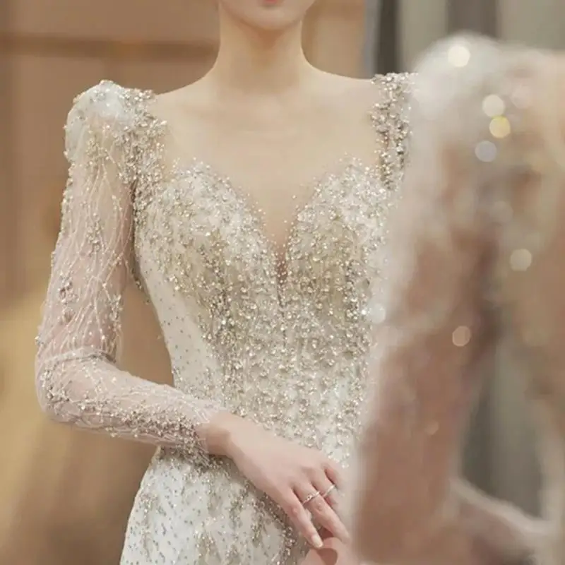 Fashionable Wedding Dress Fishtail Sexy Open Back V-Neck Stereoscopic Waist Strap Sequin Beads Classical Full Sleeved Trailing