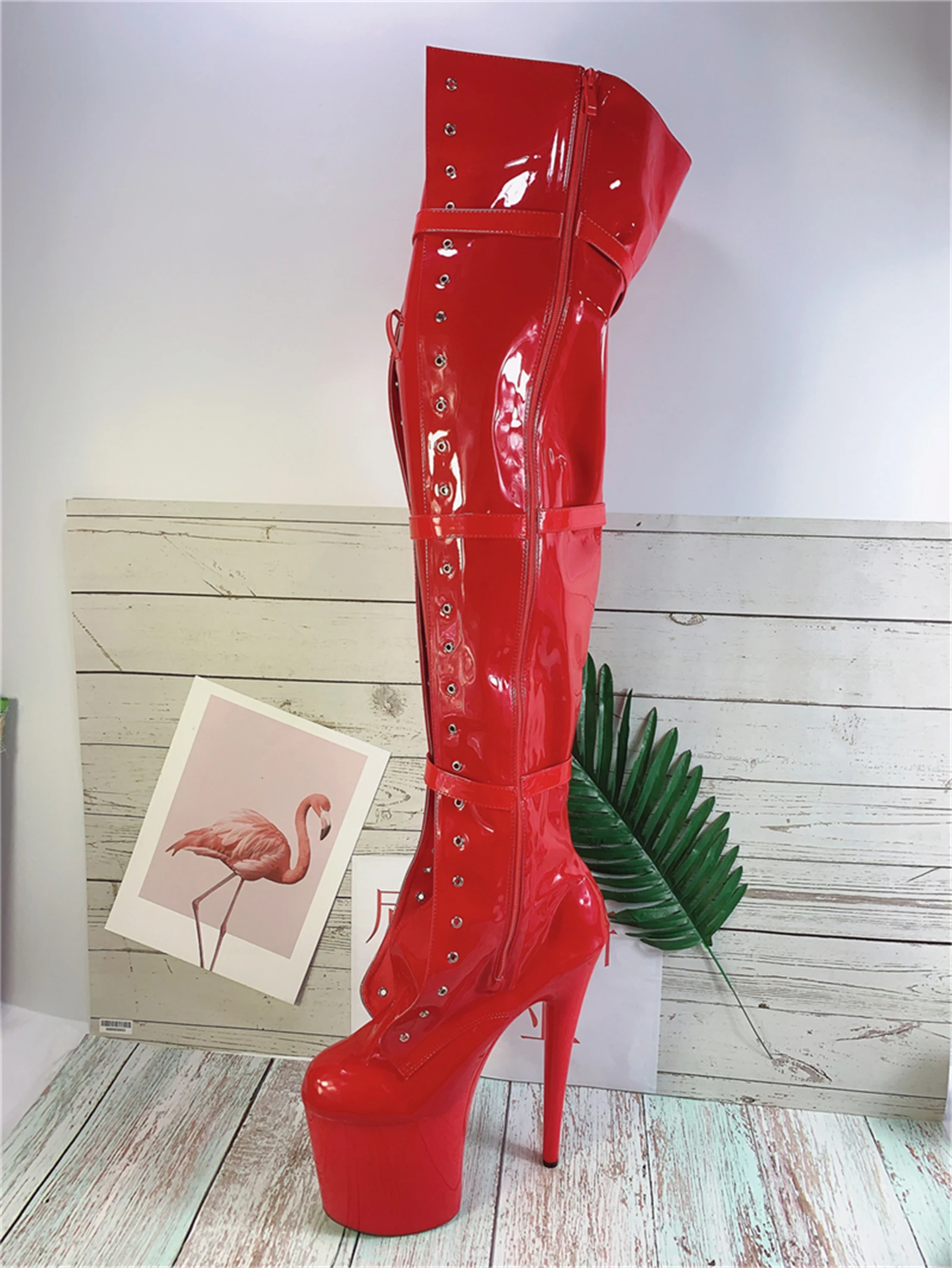 Stiefel Pole Dance 20CM Hoch extrem hohe Kniestiefel für Pole Dance |   Schwarzer Schnür- und Schnallenriemen aus Lackleder |   Stage Performance-Schuh mit rutschfester Sohle