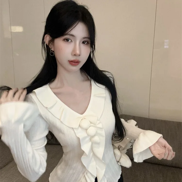 Sexy V-Ne Bell Sve Ruffle Hem Base irt Anti-envejecimiento Versátil Jersey de punto Otoño Invierno Mujer Slim Fit Long Sve...