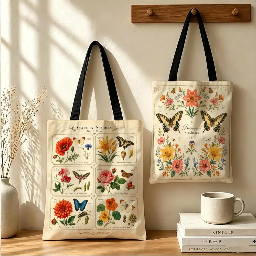 Botanical Butterfly Florals Storage Bags Large Capacity Canvas Tote Bag Reusable Shoulder Handbag for Daily Shopping Travel