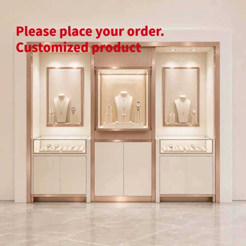 custom.White Jewelry Watch Display Wall, Rose Gold Frame, Fluted Wall Niches, Glass Display Cases, Storage Cabinet & LED L