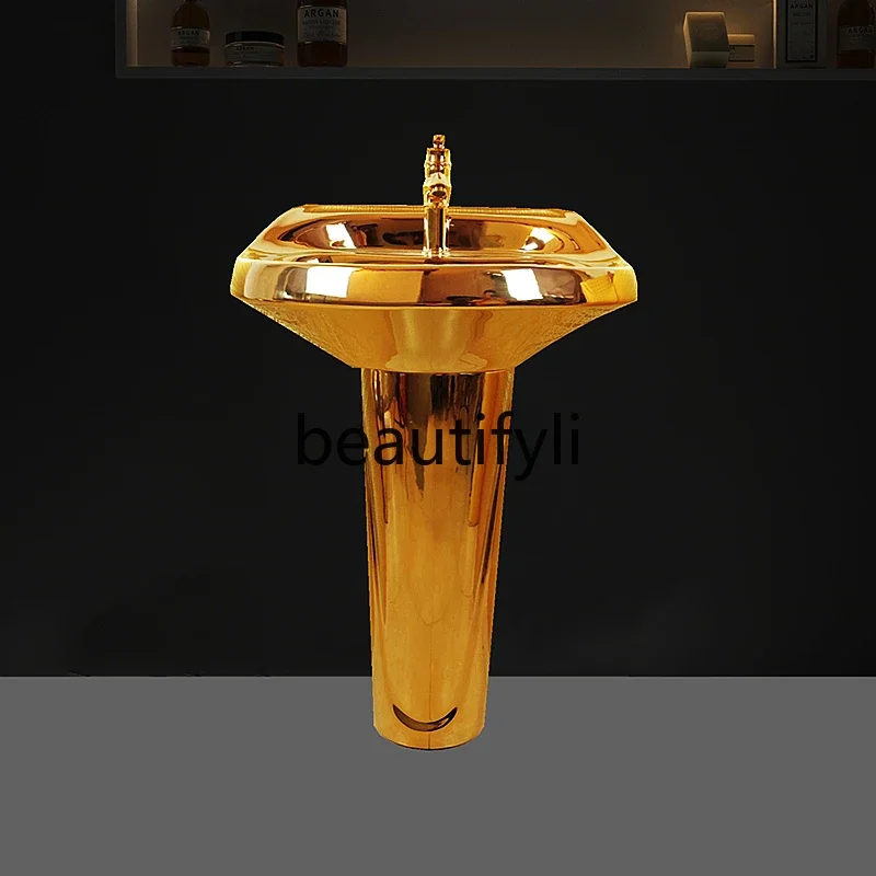 

European art gold column wash basin floor ceramic split wash basin