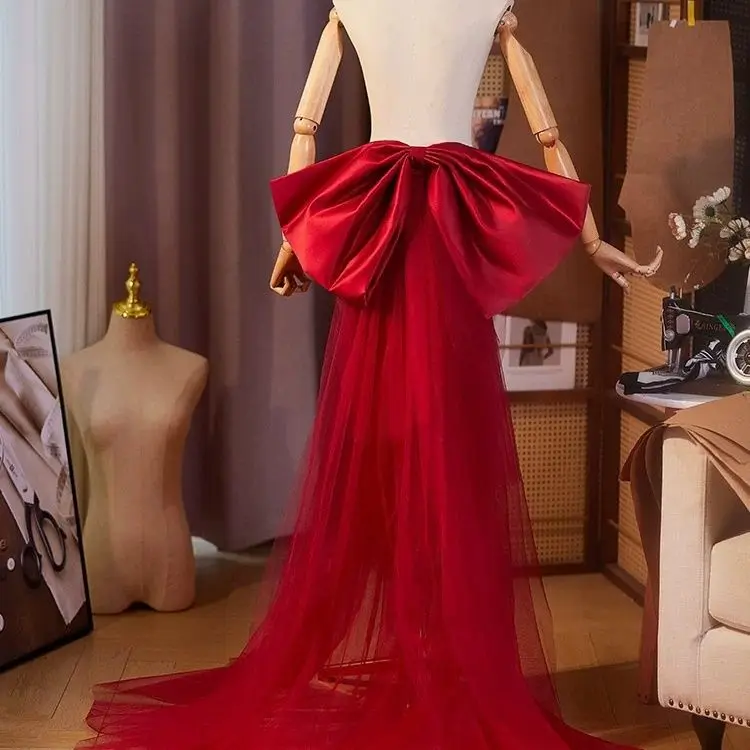 Red Big Satin Bowtie Wedding Belts With Train Detachable Bridal Belt Ivory Removable Plus Size Ladies Belts For Dresses Knots