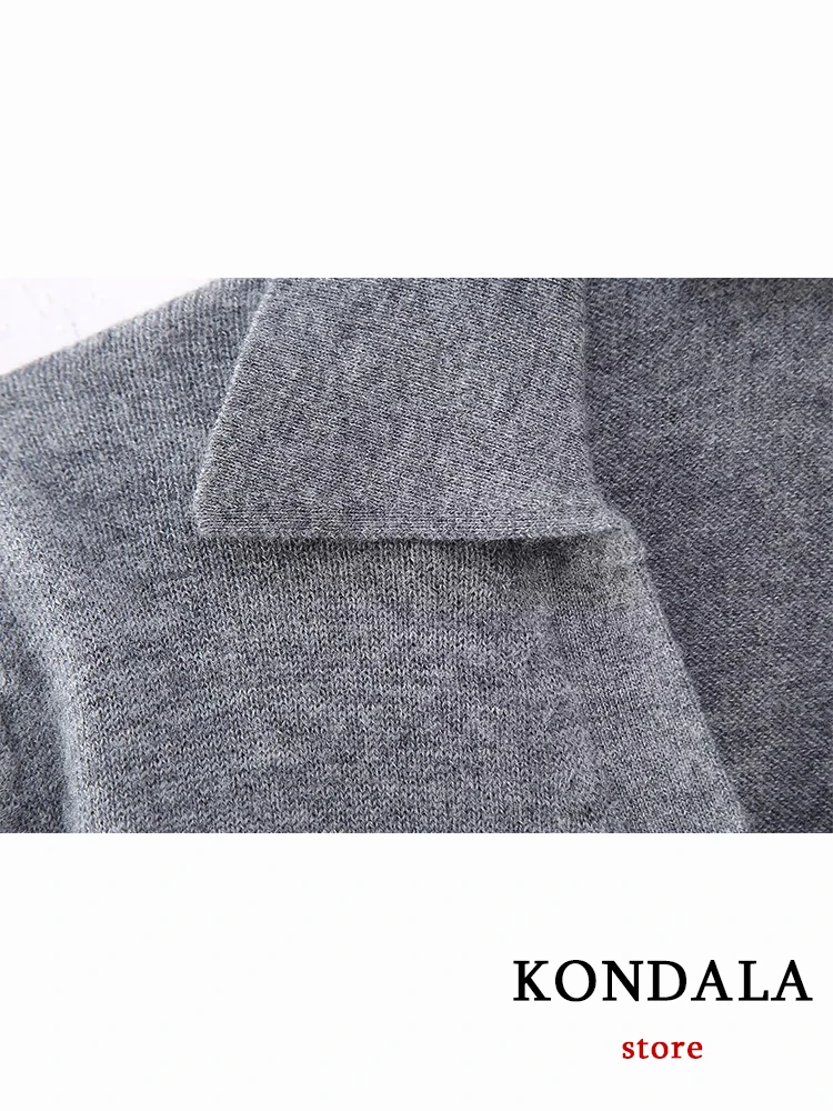 KONDALA Chic Casual Solid Grey Women Knitwear Fashion 2023 Autumn Sweater Long Sleeve Single Button V Neck Streetwear Cardigan