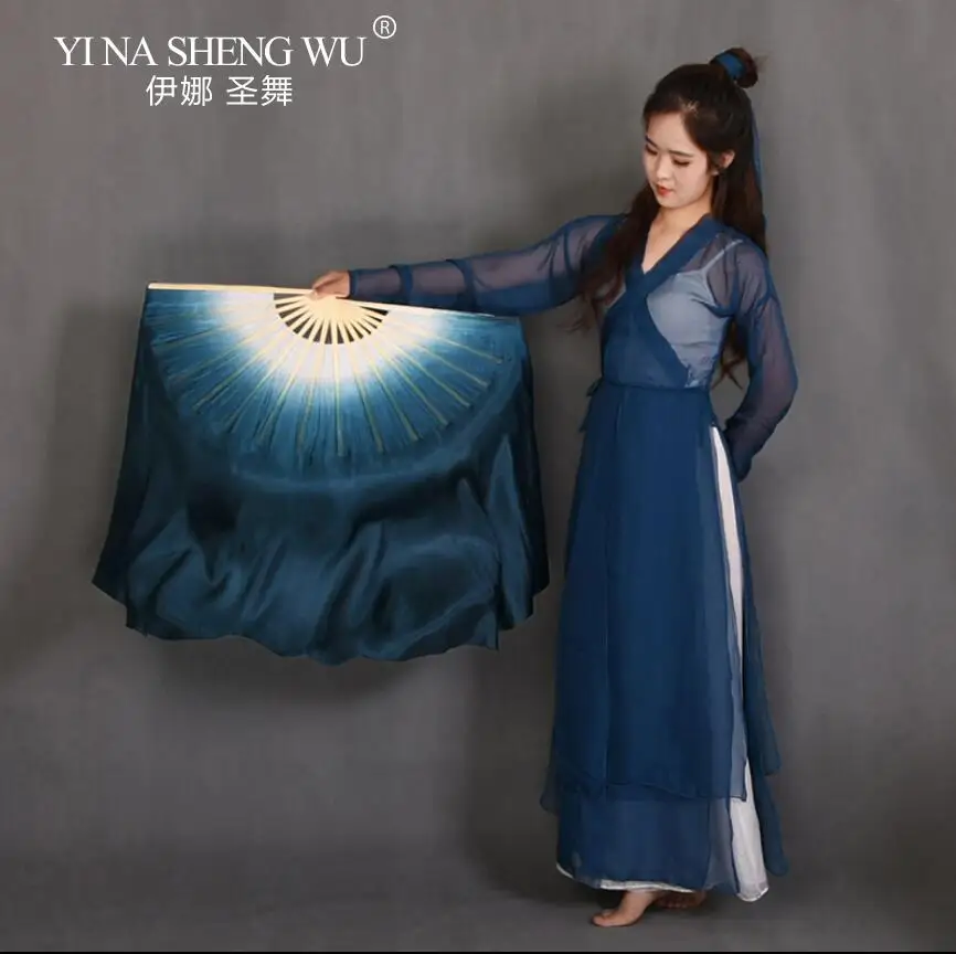 جديد أبيض أزرق داكن التدرج الحرير الحجاب الصينية التقليدية صبغ اليد مروحة الرقص أزواج طبقتين آلة توالت الكبار 20 بوصة