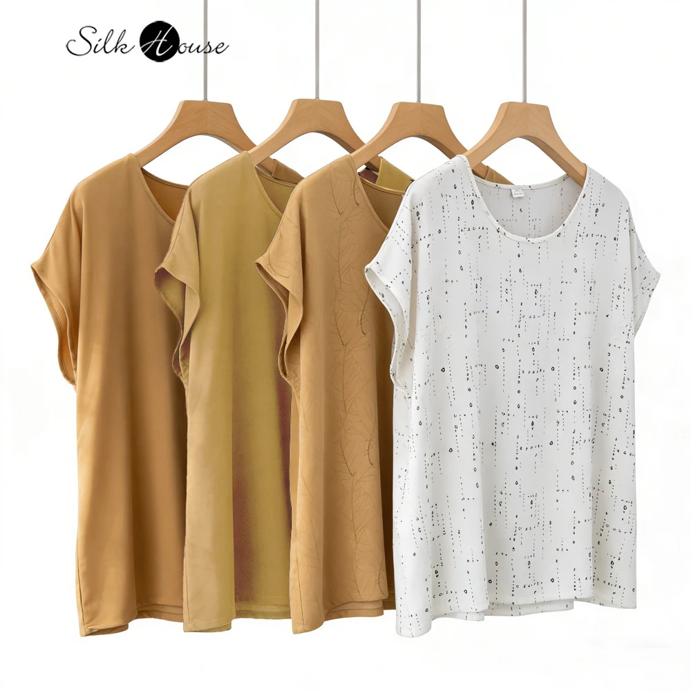 

Женская повседневная футболка больших размеров из 100% натурального шелка креп-де-шин с круглым вырезом, коротким рукавом, приятная к телу, свободного кроя