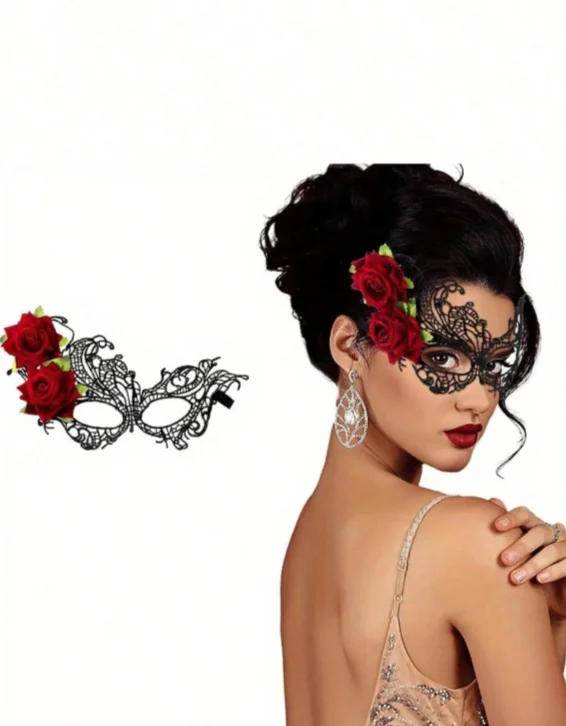 Black Lace Venetian Masquerade Mask With Red Rose Decor Hollow‑cut Eye Mask for Women Halloween Wedding Mardi Gras Party Costume Accessories