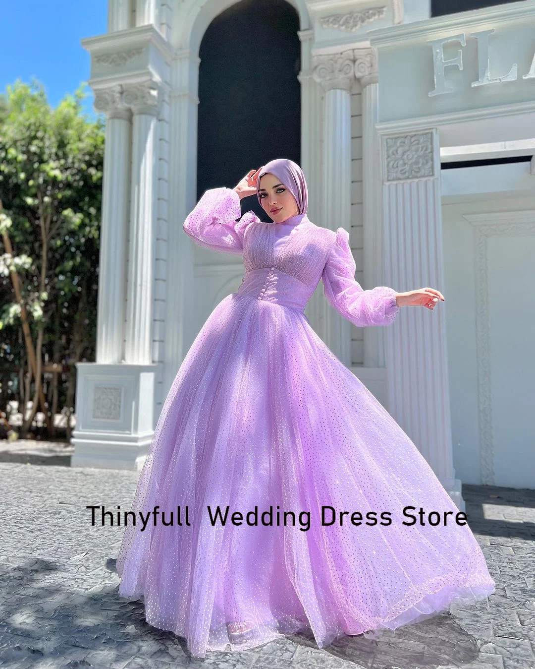 Thinyfull A-line Dotted Tulle Arabic Muslim Engagement Prom Dress High Neck Long Sleeves Evening Party Dress Long Formal Gown