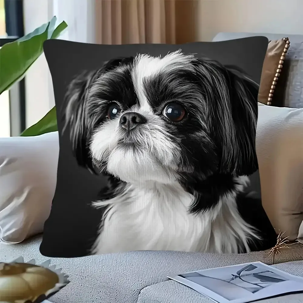 Cute Shih Tzu Dog Pillow Case Black White Puppy Cushion Cover Realistic Pet Portrait Home Decor for Sofa Bedroom Living RoomGift