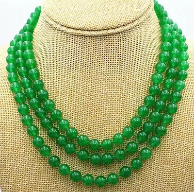 

New charming 3 rows 8mm emerald green beads Necklace 17-19"Crystal clasp