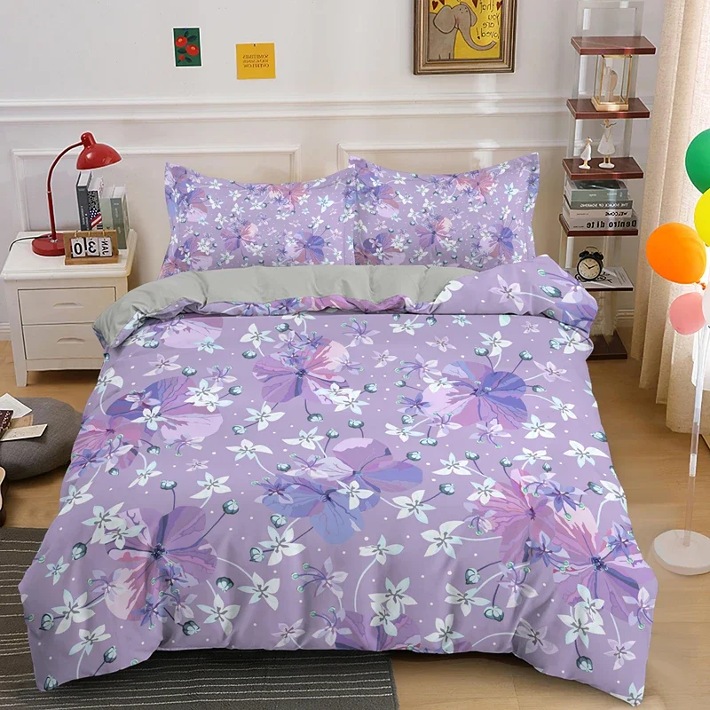 Purple Flowers King Queen Duvet Cover Colorful Beautiful Floral Bedding Set for Girls Women Unique Design Polyester Quilt Cover