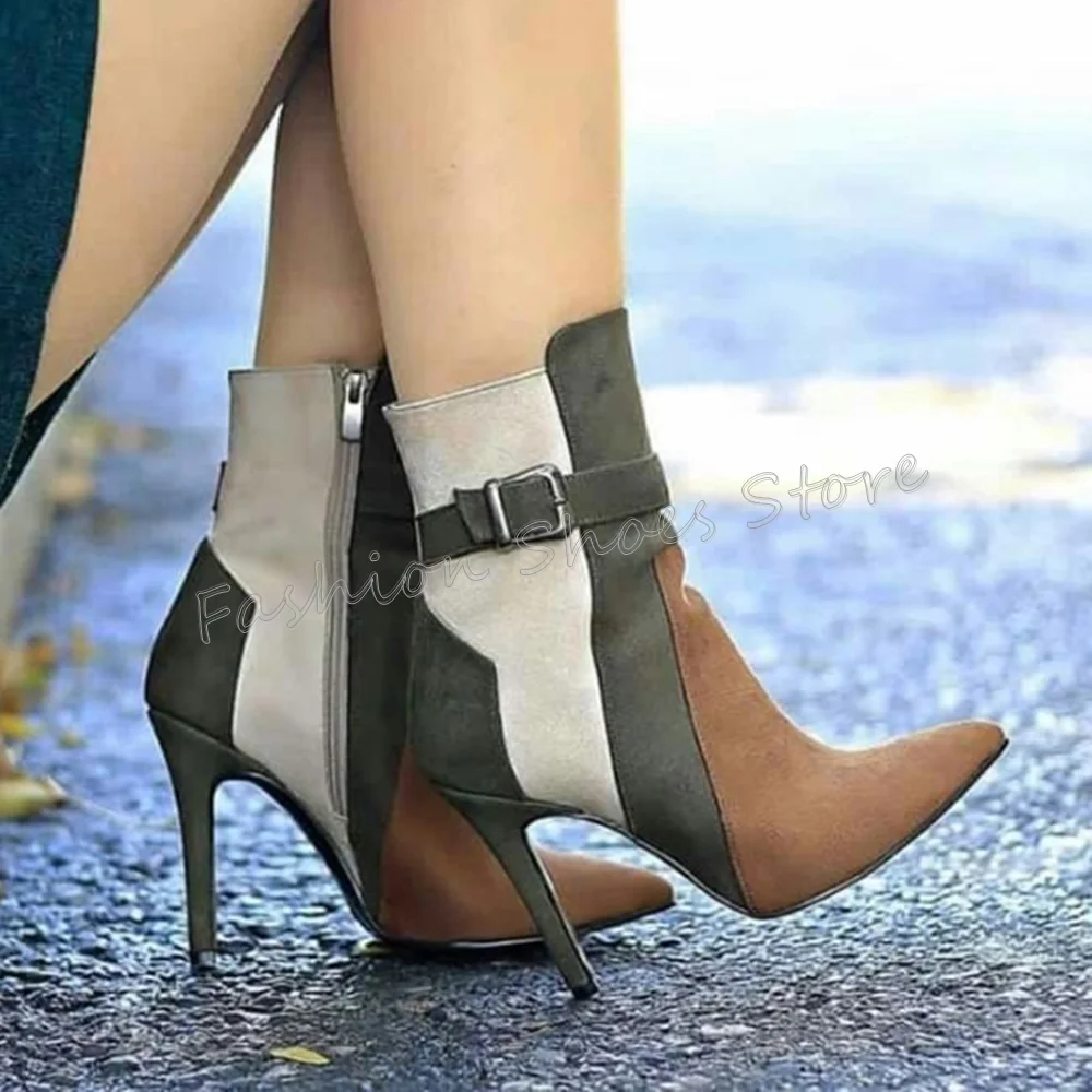 

Side Zipper Buckle Decor Splicing Boots Pointed Toe Thin High Heels High Heel Shoes for Women Heels 2025 New Zapatos Para Mujere