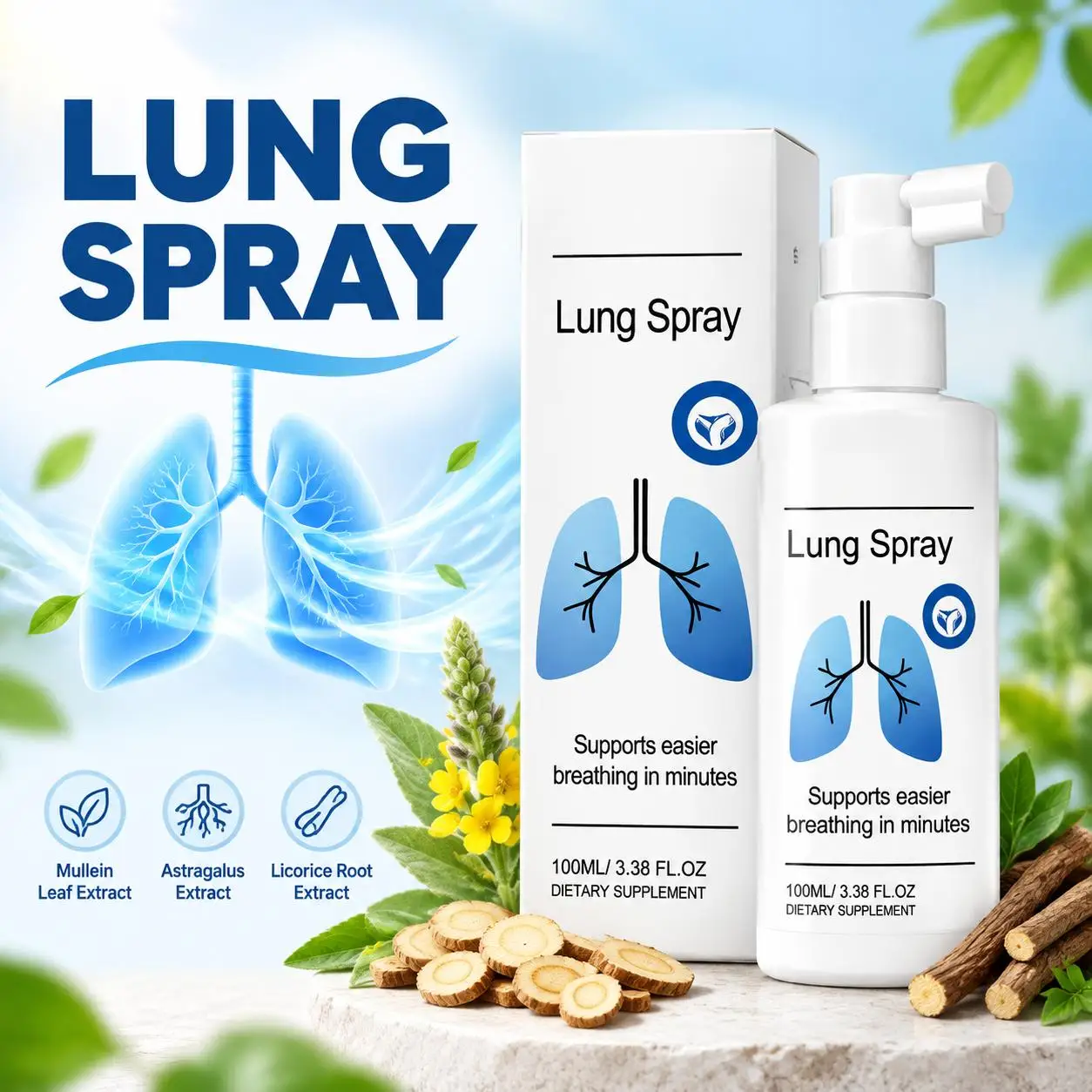 Lung Spray Promotes Clear Breathing Throat Comfort Cooling Mullein Astragalus Licorice Extract 100ml Clear Lungs for Adults