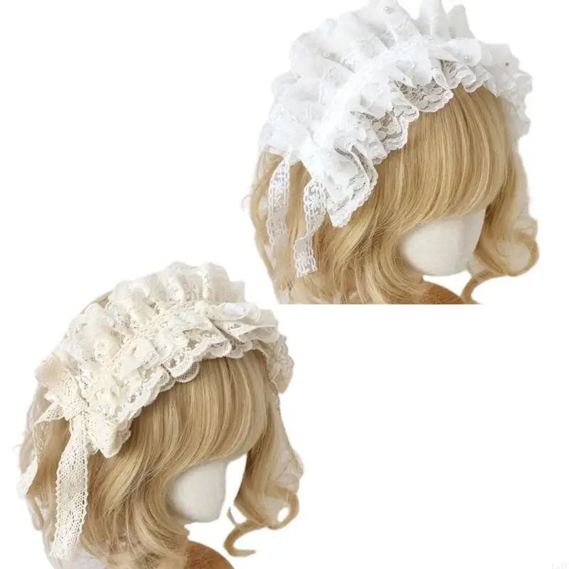 

L5YC Anime Maid Bowknot Lace Headband French Ruffle Bowtie Headband PartyFavor