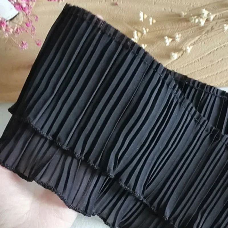 12cm szeroki biały czarny ręcznie podwójnie plisowany szyfon koronki kołnierz do DIY Ruffles wstążki sukienka z aplikacją ozdobiona frędzlami