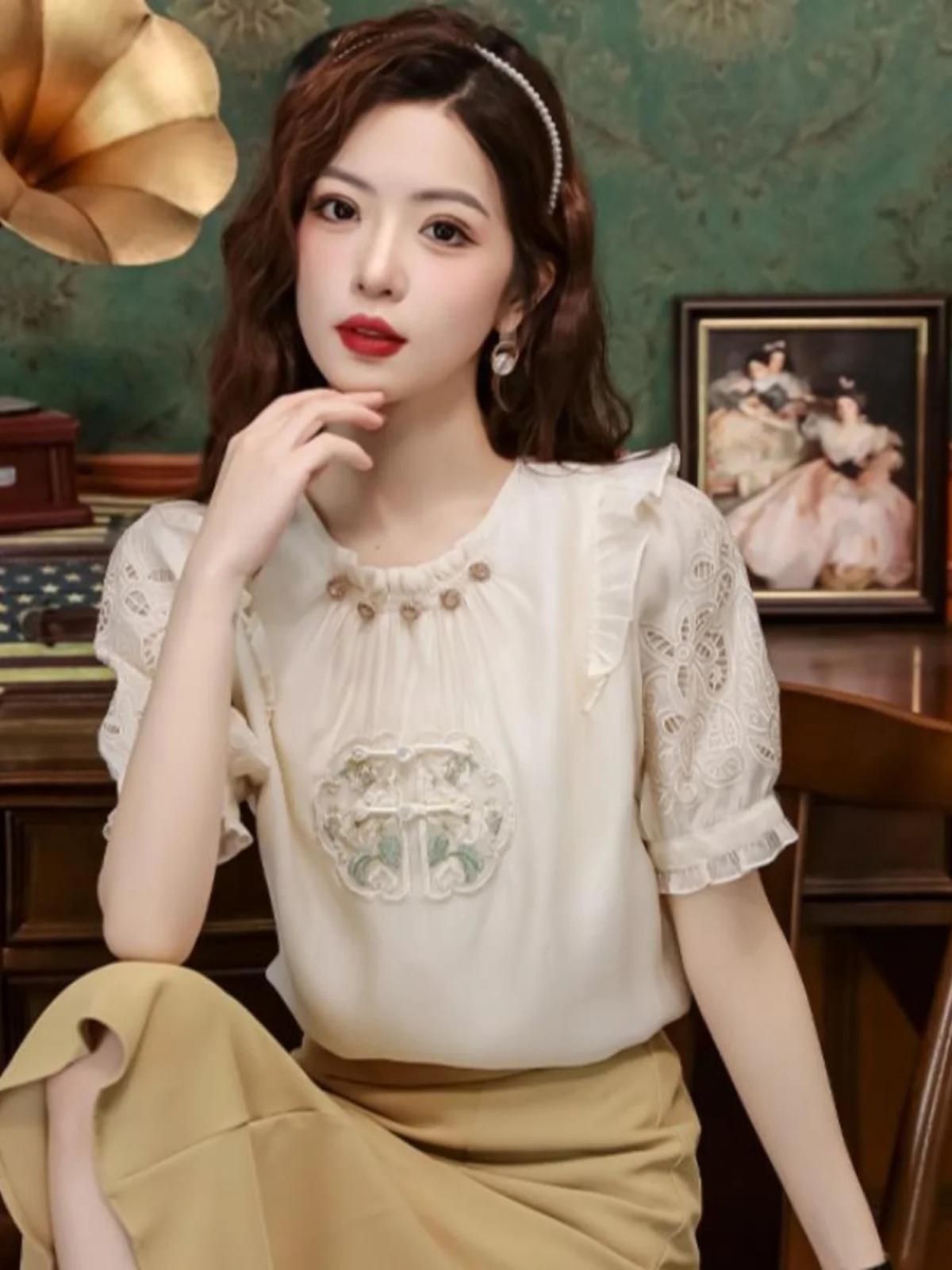 

New Chinese Style Embroidered Chiffon Blouse Summer 2024 Beadwork Shirt Women's Loose Fit Hollow out Design Stand Collar Top