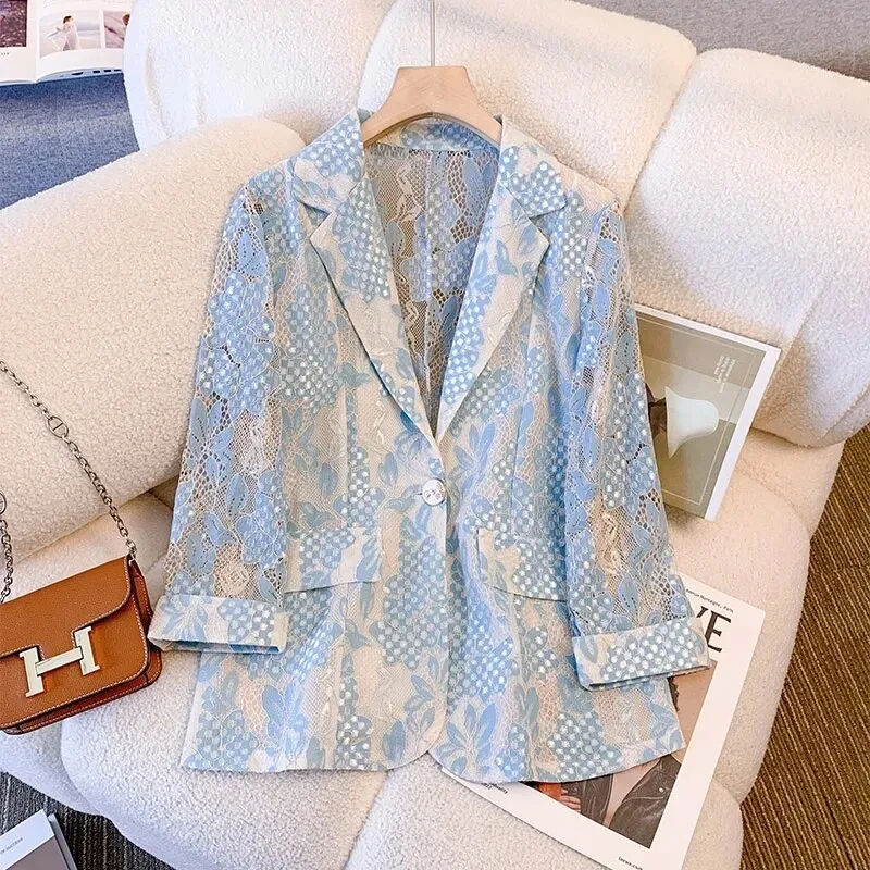 

Women's Suit Coat 2025 Spring Autumn Fashion Hollow Out Lace Ladies Outwear Be All-match Korean Version Lady