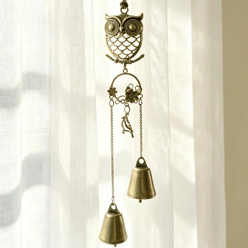 Forest-style Metal Owl Double Bell Wind Chime, Entryway Door Decoration, Christmas and Thanksgiving Gift