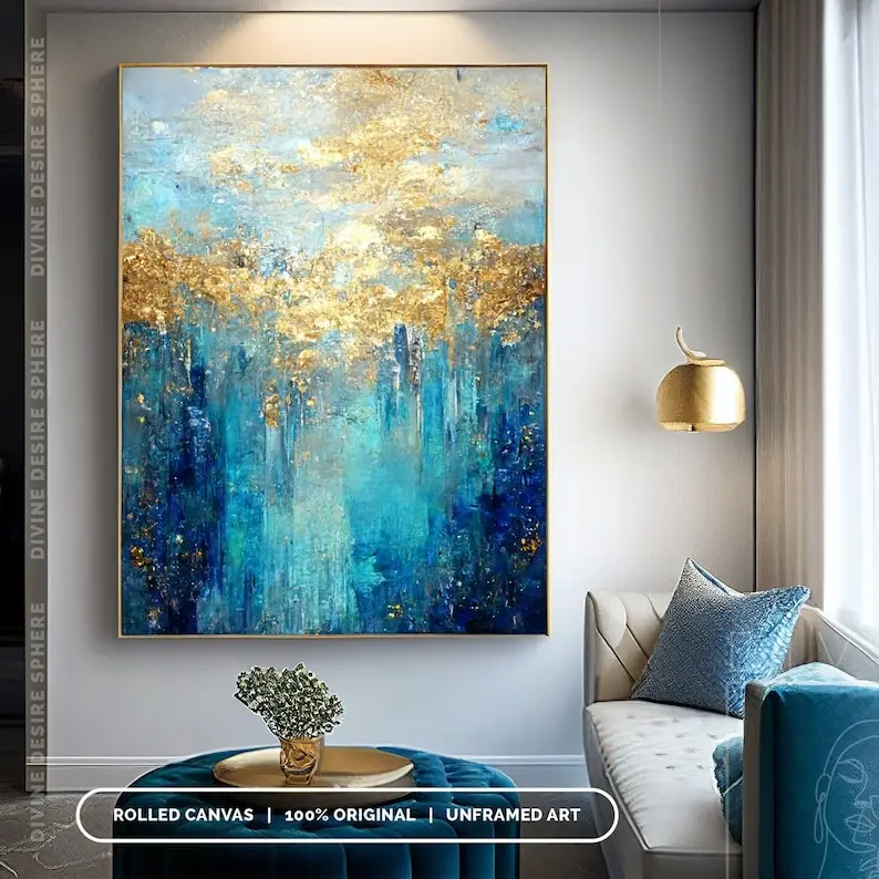 Large Size Modern Gold Foil Acrylic Painting Shiny Gold Dark Blue Abstract Oil Artwork Canvas Art for Living Room Decoration