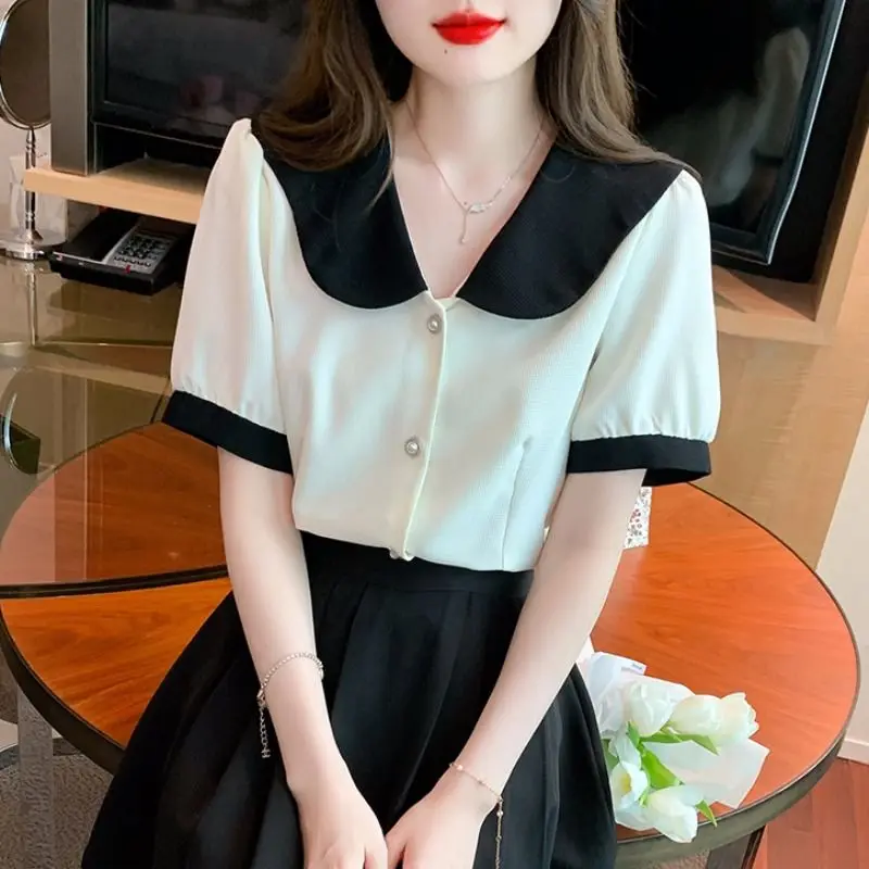 

Summer New Women's French Style Versatile Top 2024 Trendy Commuter Simple Elegant Cute Peter Pan Collar Short-sleeved Shirt