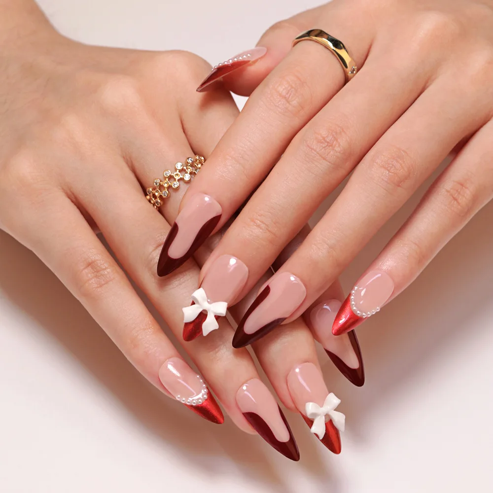 Handmade Press on Nails White 3d Bow Design Sweet Korean Style False Nails Full Cover Wearable Red French Almond Fake Nail Tips