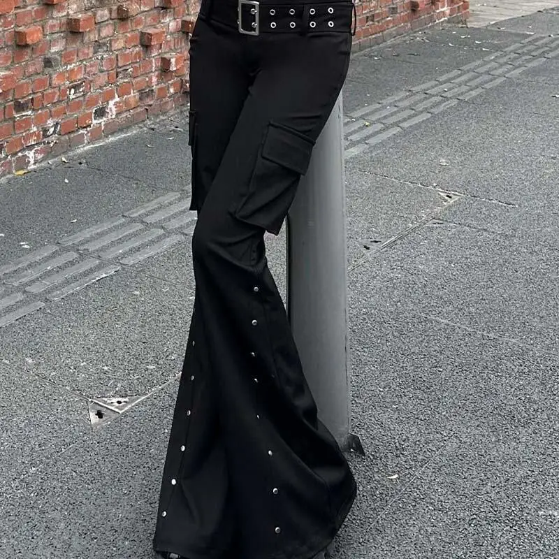 American Hottie Retro Wash Black Pant Women Gothic Long Trousers Spring Fall Harajuku Low Waist Slim Flare Pants Y2K Streetwear