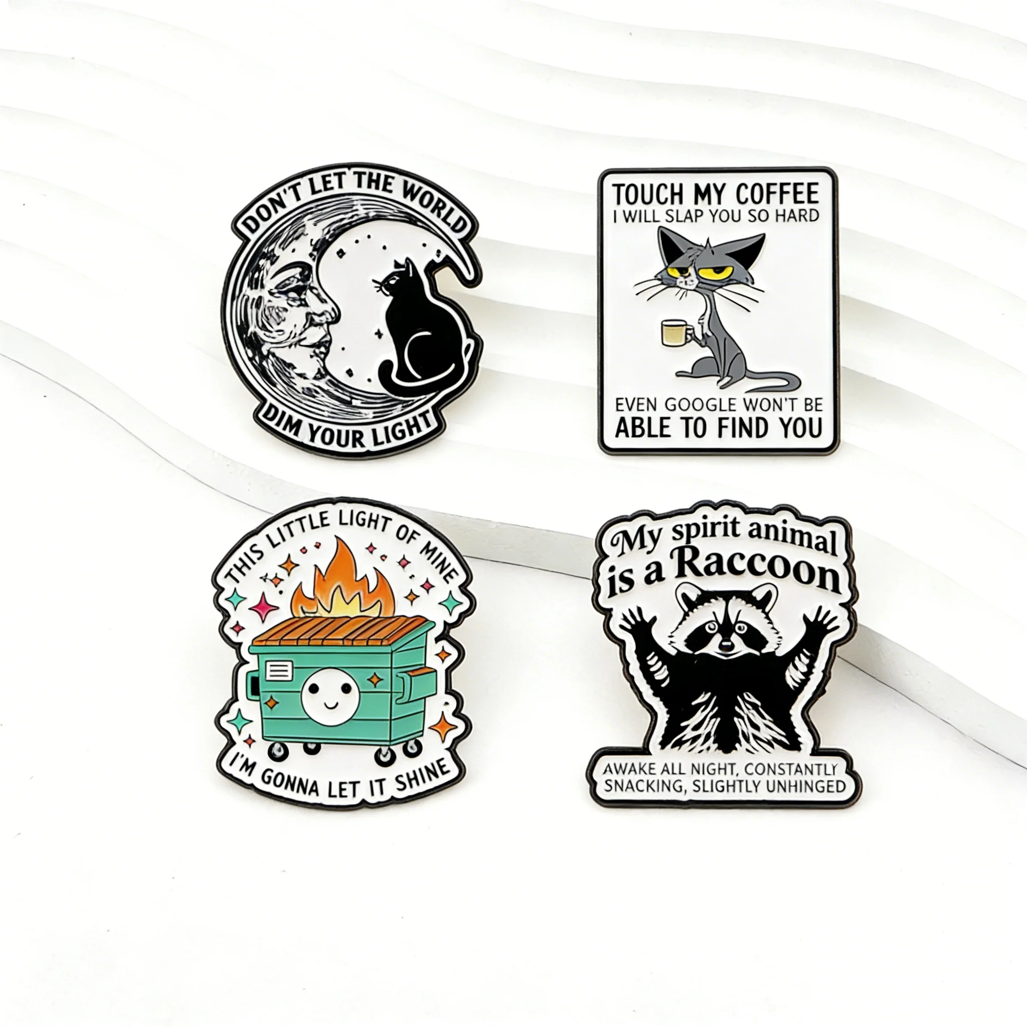 Cat Raccoon Dumpster Fire Moon Enamel Pins Brooches Badges for Backpacks Jackets Hats Collection Gifts Cosplay Accessories