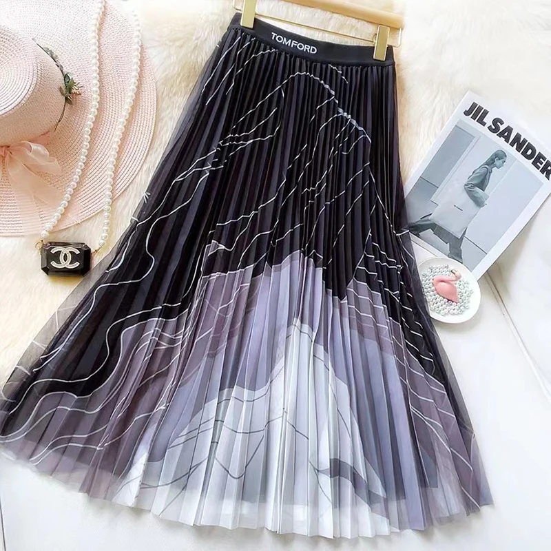 High Waist Pleated Yarn Skirt, Gradual Color Screen Half Skirt, Spring and Autumn, New Style Temperament