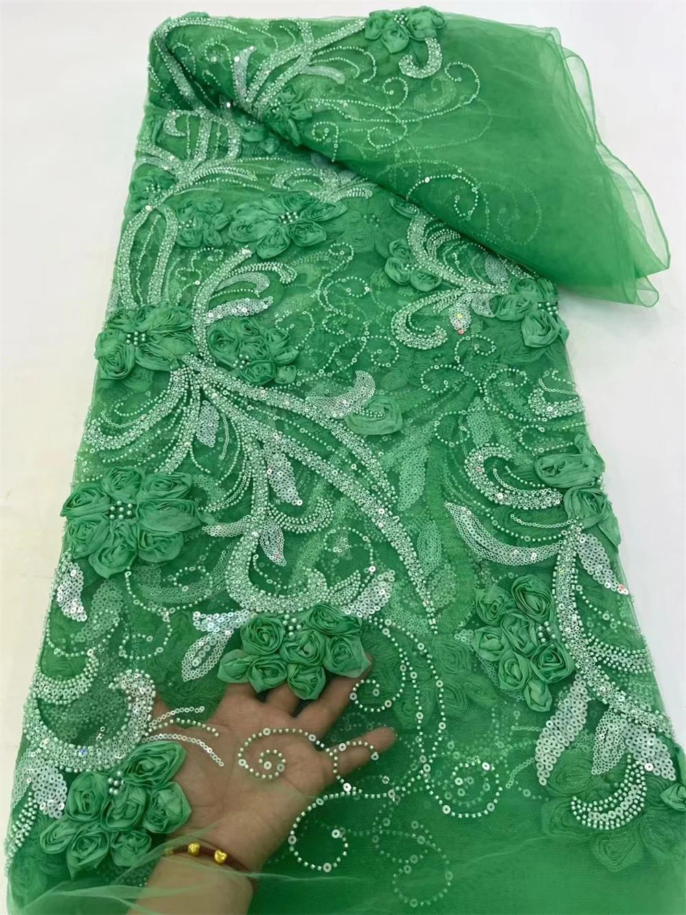 아프리카 오렌지 레이스 원단 나이지리아 원단 5 야드 메쉬 레이스 프랑스 럭셔리 구슬 3D 수 놓은 얇은 명주 그물 레이스 원단 봉제 A1147-1