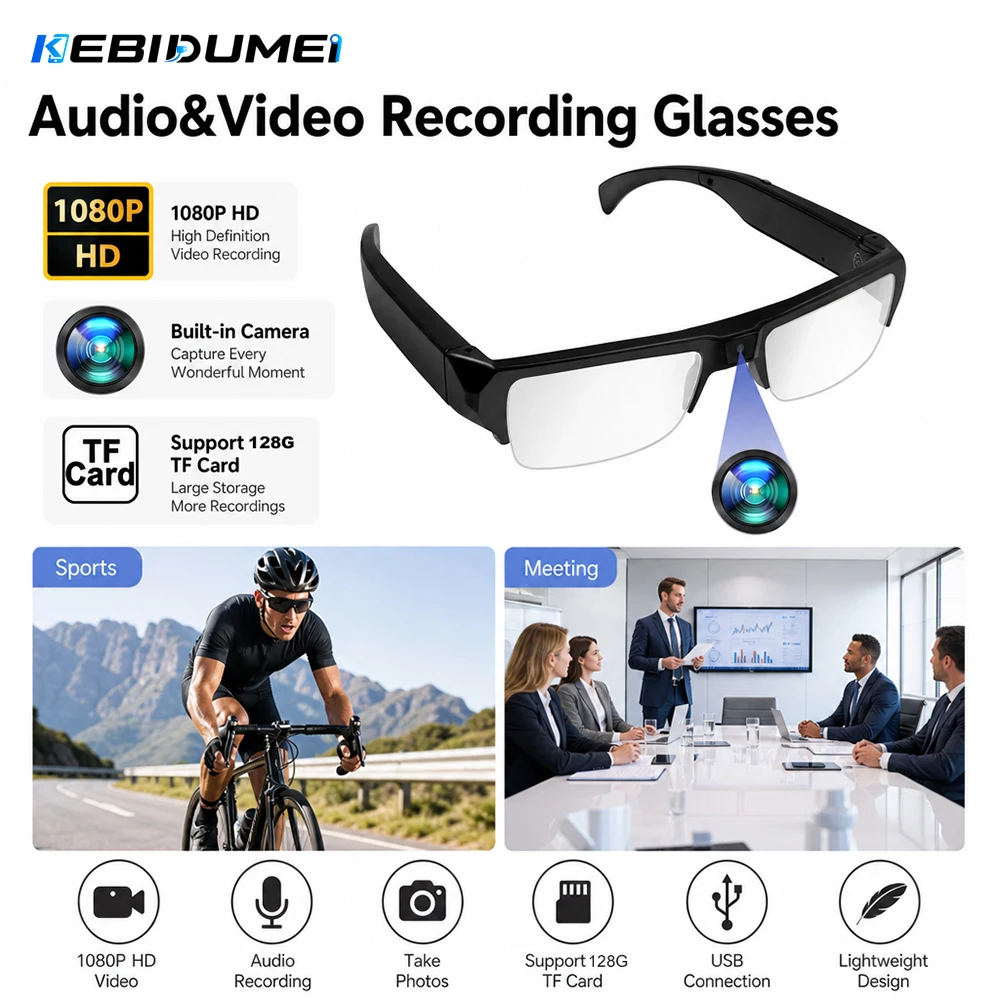 KEBIDUMEI Half Frame Camera Glasses 1080P HD Portable Wearable Audio&Video Recorder Eyeglass Support TF Card for Meeting Cycling