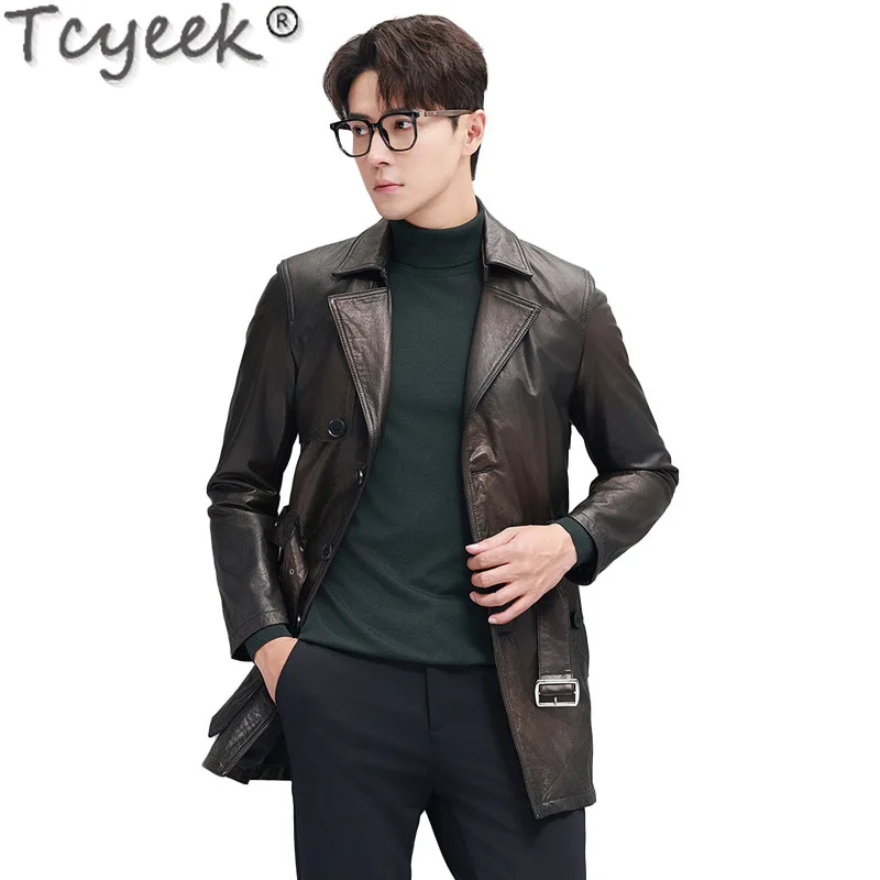 Tcyeek-Veste en cuir véritable pour homme, manteau en cuir de vachette couche supérieure, vêtements de printemps et d'automne, combinaison mi-longue pour homme