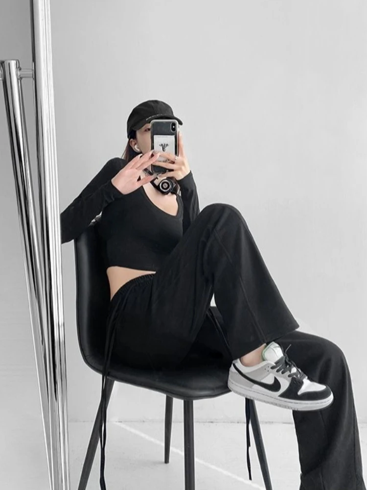 Womens American Vintage Double String Elastic Waist Straight Wide Leg Pants Slant Stitching Dragging Hem Banana Sweatpants