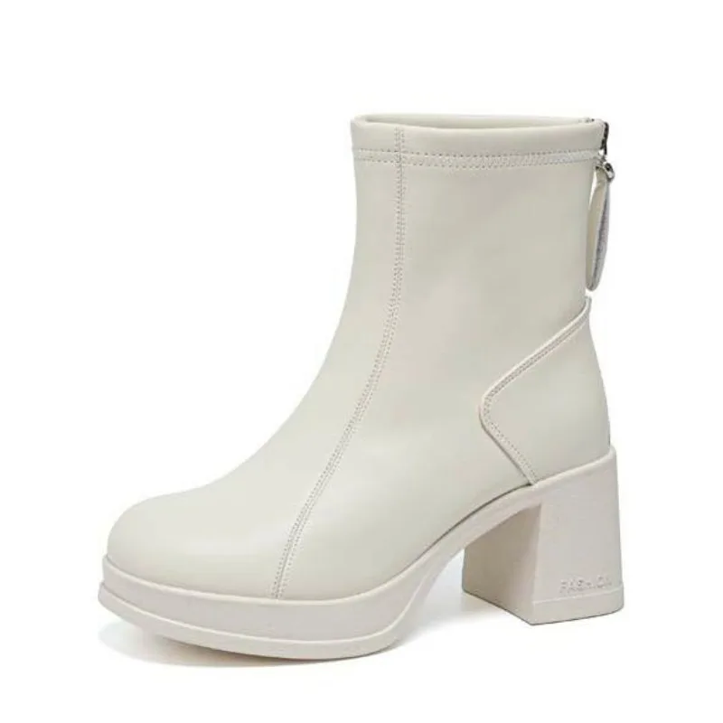 

Элегантные женские ботильоны на блочном каблуке с круглым носком, кожаные короткие ботинки с молнией сзади, женские модные ботинки на высоком каблуке 2025